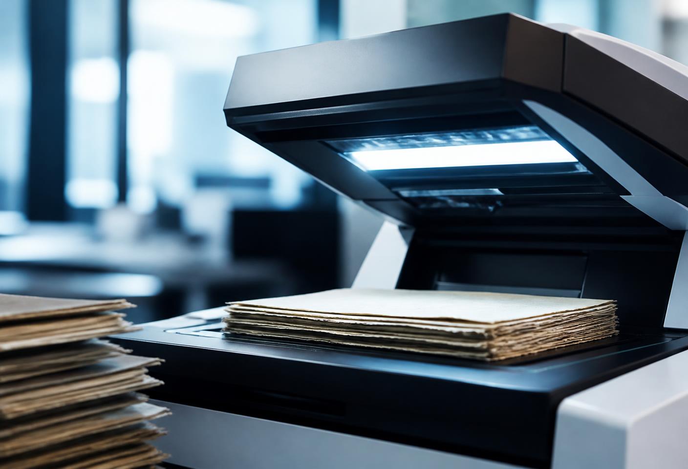 Scanner digitalizando um lote de documentos físicos